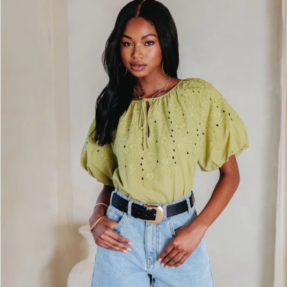 Vici Boutique Puff Sleeve Embroidered Top